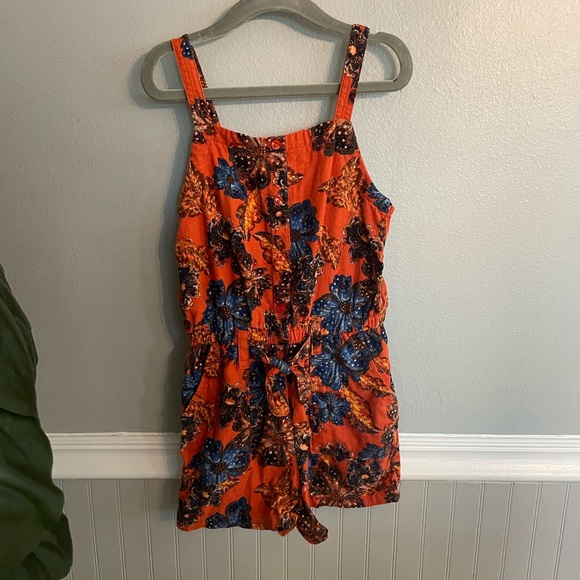 Old Navy Girls Size Small Orange Multi Color Floral Linen Blend Romper - Picture 2 of 9